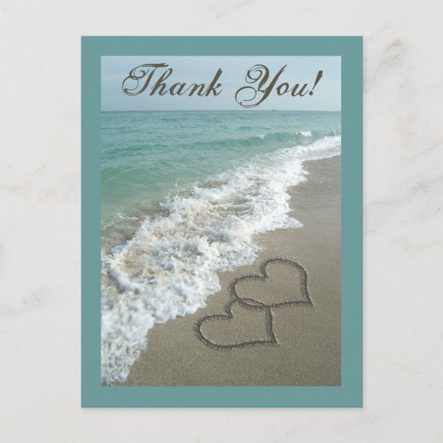 Custom Thank You Postcard- Sand Hearts/Aqua Beach Postcard (Front)