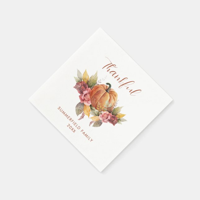 Custom Thankful Thanksgiving Autumn Orange Pumpkin Napkin (Corner)