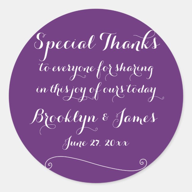 Custom Thanks Purple Round Wedding Stickers (Front)
