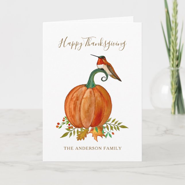 Custom Thanksgiving Hummingbird and Pumpkin Card (Front)