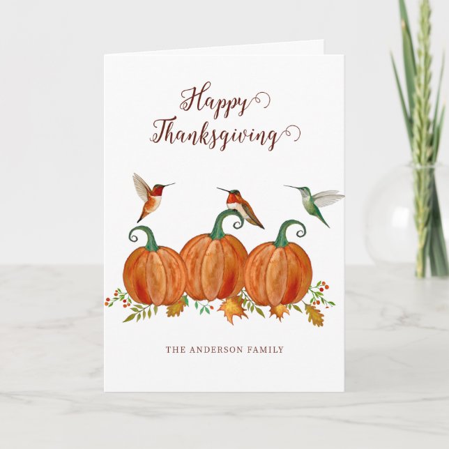 Custom Thanksgiving Hummingbirds and Pumpkins Holiday Card (Front)