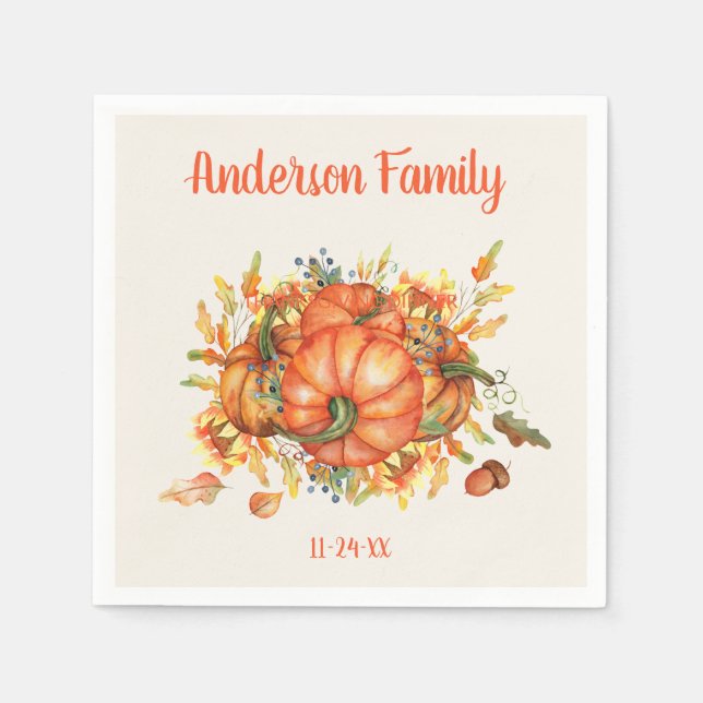 Custom Thanksgiving Orange Pumpkins Fall Leaves   Napkin (Front)