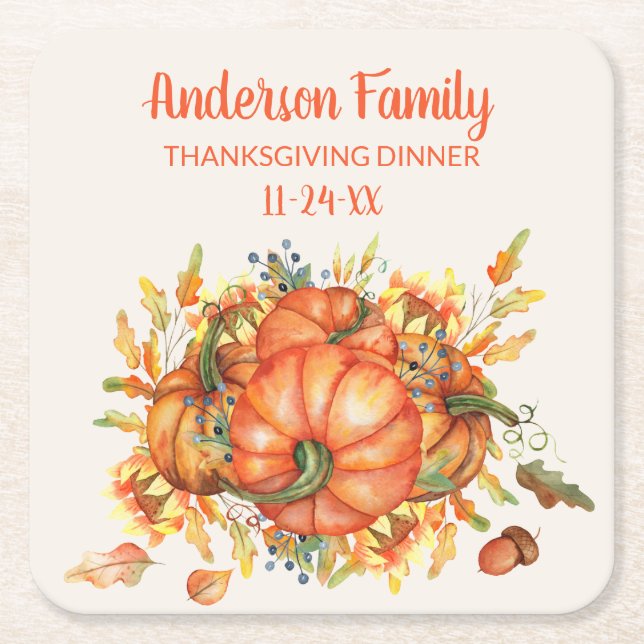 Custom Thanksgiving Orange Pumpkins Fall Leaves  Square Paper Coaster (Front)