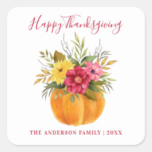 CUSTOM THANKSGIVING WATERCOLOR PUMPKIN FLORAL  SQUARE STICKER