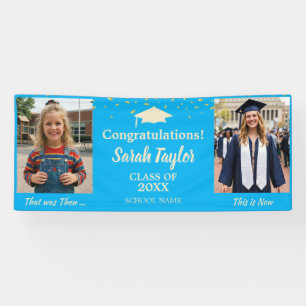 Custom Then and Now 2 Photo Graduation Blue Banner