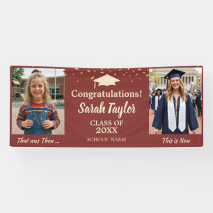 Custom Then and Now 2 Photo Graduation Burgundy Banner