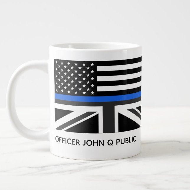 Custom Thin Blue Line American And UK Flag Large Coffee Mug (Left)