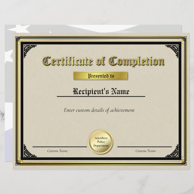 Custom Thin Blue Line Gold Seal Certificate (Front/Back)