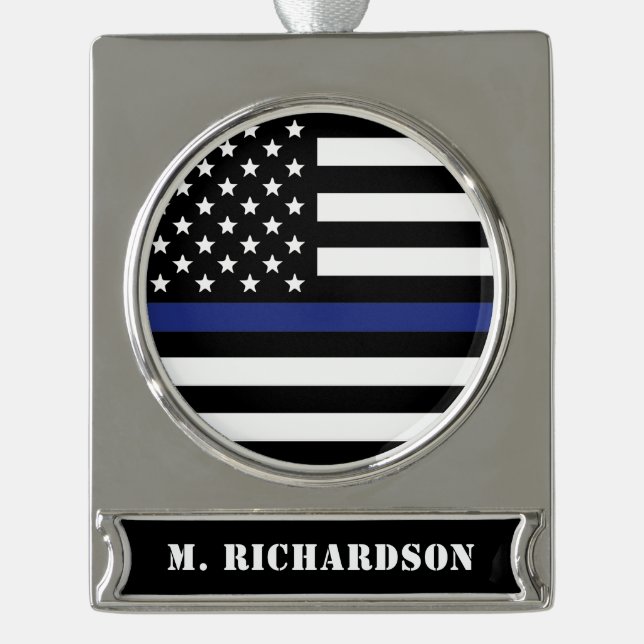 Custom Thin Blue Line USA Flag Police Officer Gift Silver Plated Banner Ornament (Front)