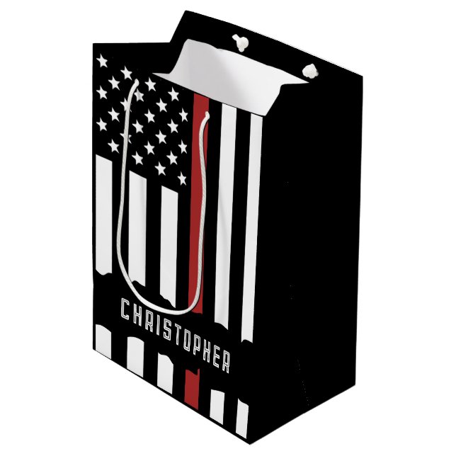 Custom Thin Red Line Firefighter Appreciation Medium Gift Bag (Front Angled)
