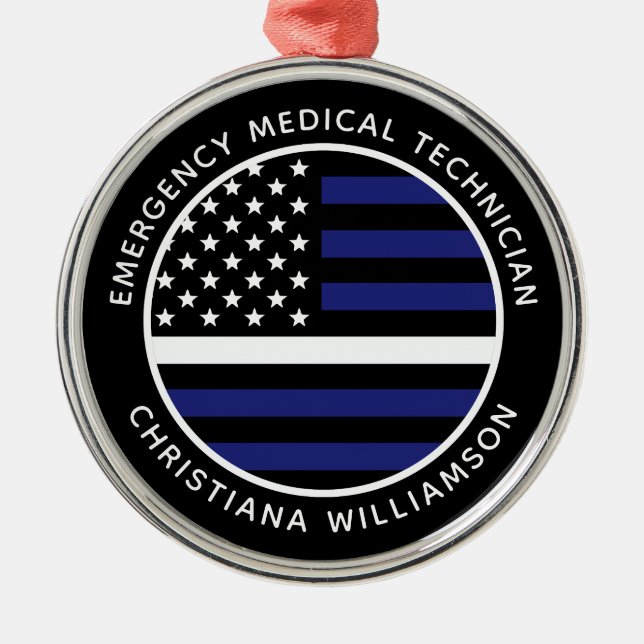 Custom Thin White Line USA Flag EMS EMT  Metal Tree Decoration (Front)