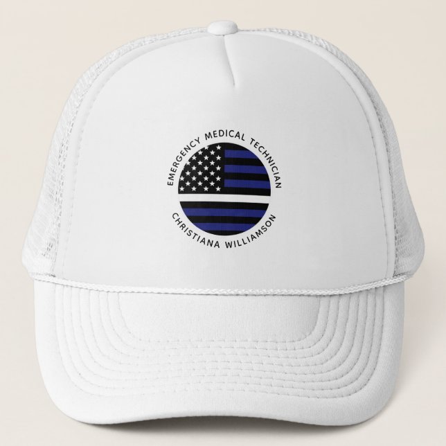 Custom Thin White Line USA Flag EMS EMT  Trucker Hat (Front)