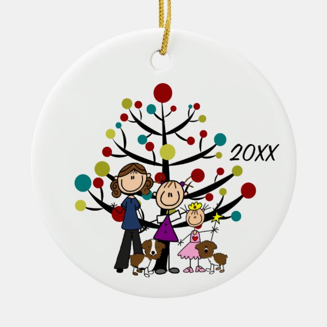 Custom Three GIrls, Two Dogs Holiday Ornament (Front)