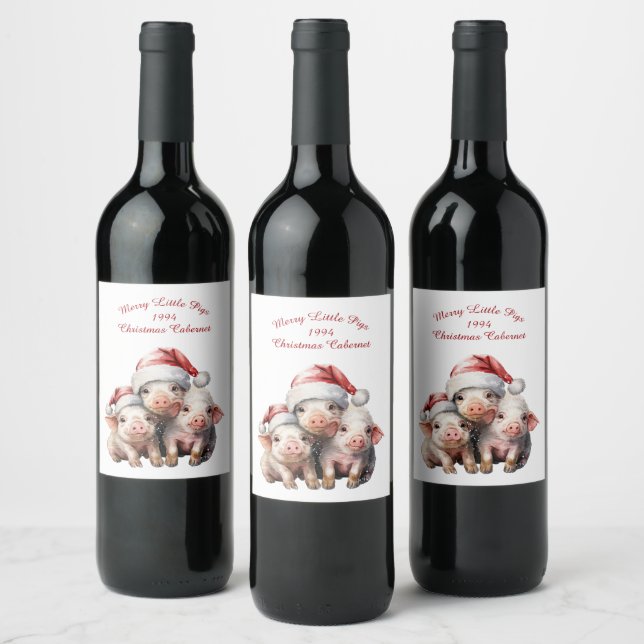 Custom Three Merry Little Pigs Christmas Holiday  Wine Label (Bottles)