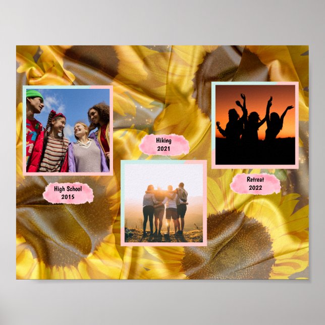 Custom Three Photo Text Silk Sunflowers Decoupage Poster (Front)
