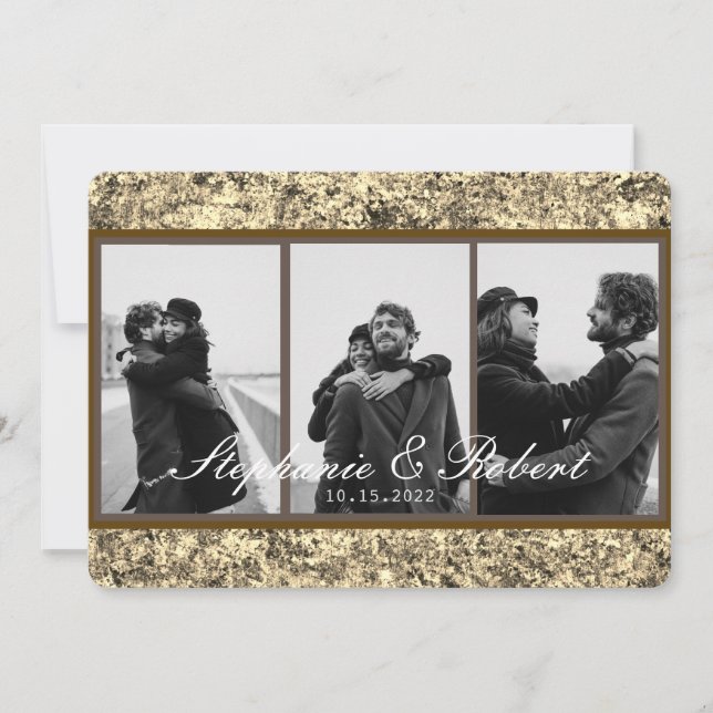 Custom Three Photos Gold Glitter Abstract Wedding Invitation (Front)
