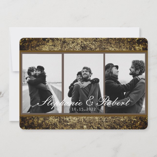 Custom Three Photos Vintage Gold Abstract Wedding Invitation (Front)