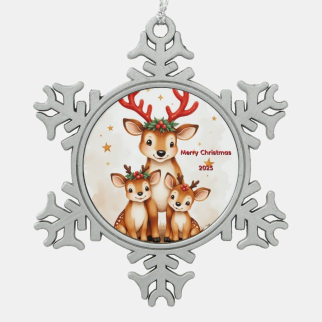 Custom Three Reindeer  Snowflake Pewter Christmas Ornament (Front)