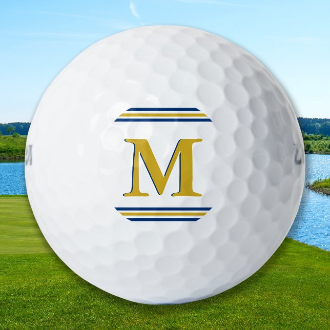 Custom Three Stripe Monogram Golfer Blue Gold Golf Balls (Creator Uploaded)