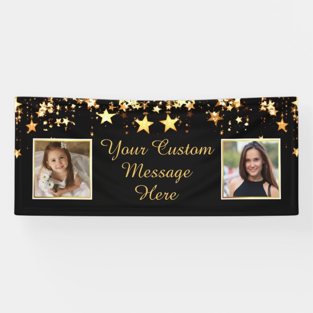 Custom Title Occasion Black Gold Stars Two Photos Banner (Horizontal)