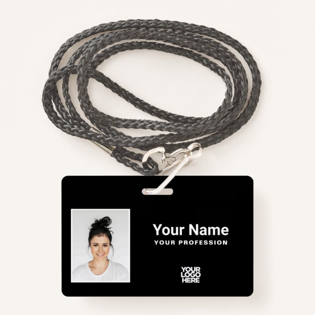 Custom Total Black Employee Photo Logo Lanyard ID Badge (Front with Lanyard)