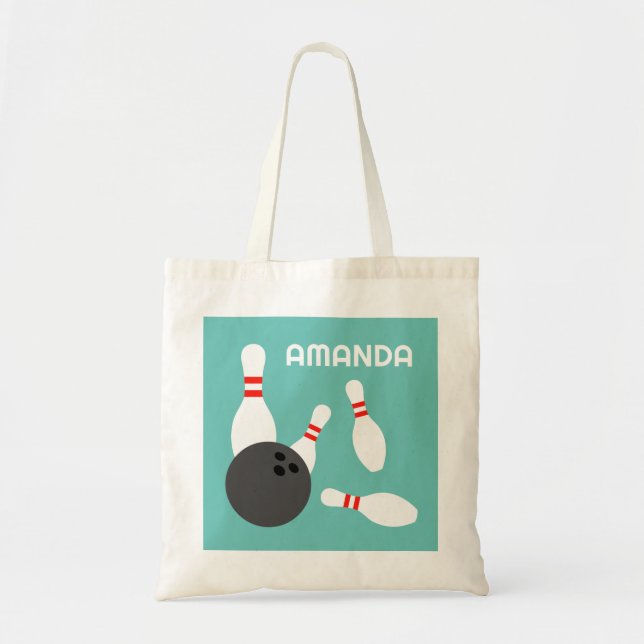 Custom tote bag with bowling ball strike and pins (Front)