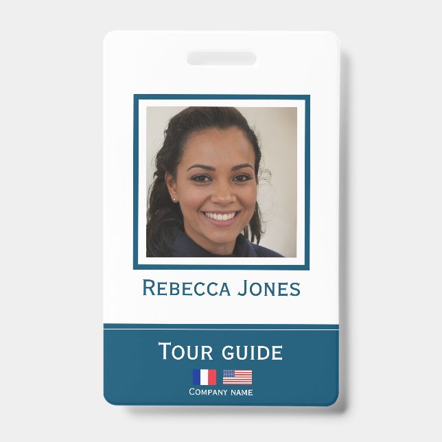 Custom tour guide photo name langage badge ID card (Front)