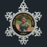 Custom Track & Field Photo High School Runner Snowflake Pewter Christmas Ornament<br><div class="desc">This cool customized high school track team athlete photo gift features gold typography of your team on a snowflake shaped Christmas ornament with a running track on a black background. Personalize with your student's photograph and class year as a proud runner parent.</div>