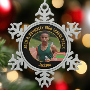 Custom Track & Field Photo High School Runner Snowflake Pewter Christmas Ornament