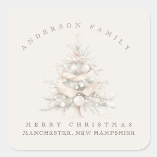 Custom traditional family white Christmas tree Square Sticker
