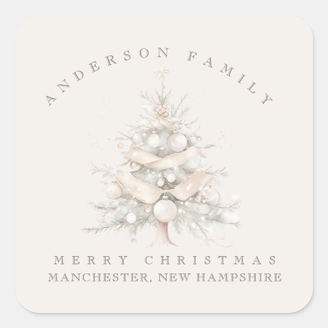 Custom traditional family white Christmas tree Square Sticker (Front)