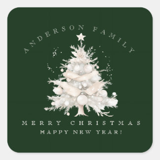 Custom traditional family white Christmas tree Square Sticker