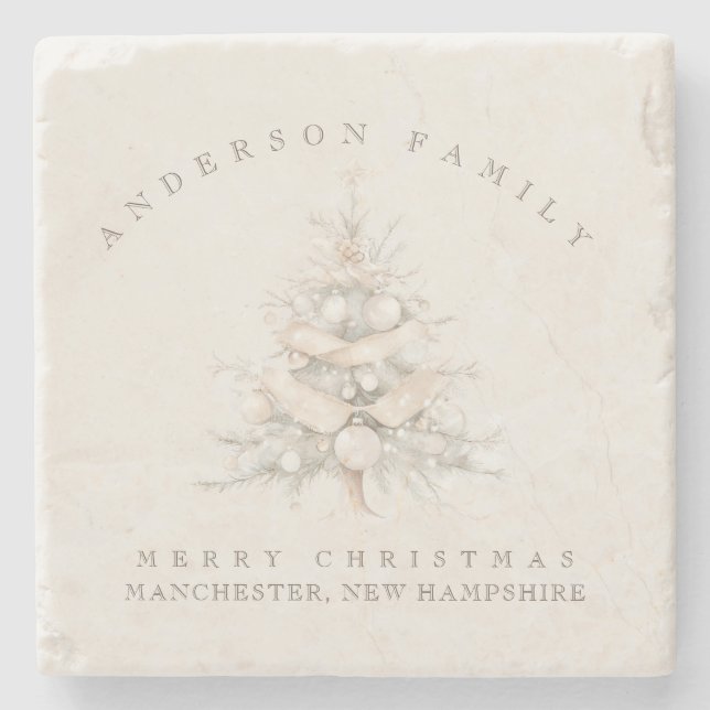 Custom traditional family white Christmas tree Stone Coaster (Front)