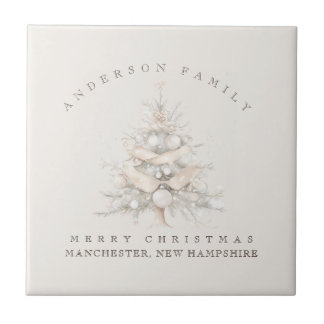 Custom traditional family white Christmas tree Tile