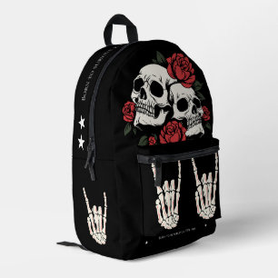 Custom traditional skull tattoo red roses Black Printed Backpack