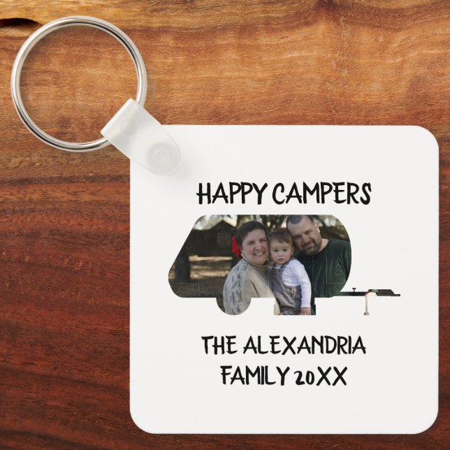 Custom trailer caravan family photo happy campers key ring (Front)