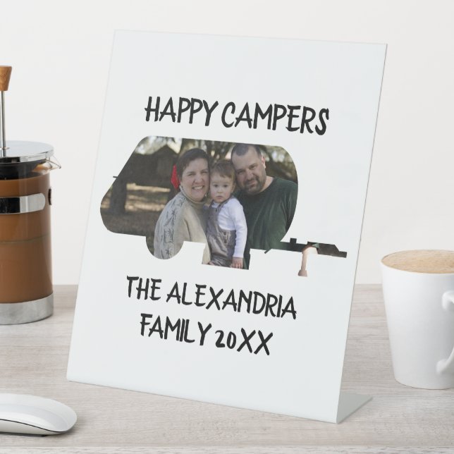 Custom trailer caravan family photo happy campers pedestal sign (In SItu)