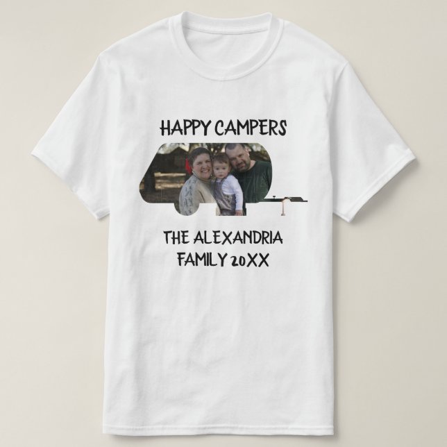 Custom trailer caravan family photo happy campers T-Shirt (Design Front)