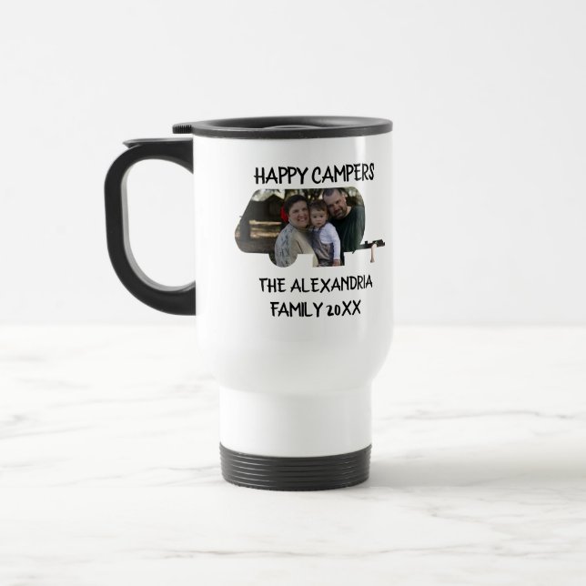 Custom trailer caravan family photo happy campers travel mug (Left)