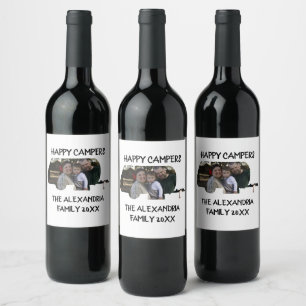 Custom trailer caravan family photo happy campers wine label