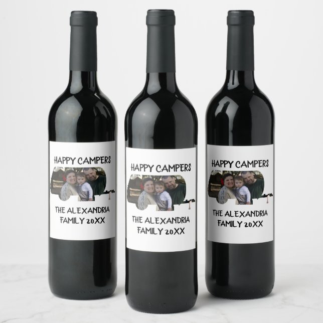 Custom trailer caravan family photo happy campers wine label (Bottles)