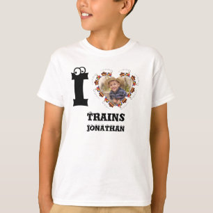 Custom train heart photo I love trains for kids T-Shirt