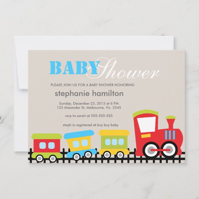 Custom transportation train baby boy shower invitation (Front)