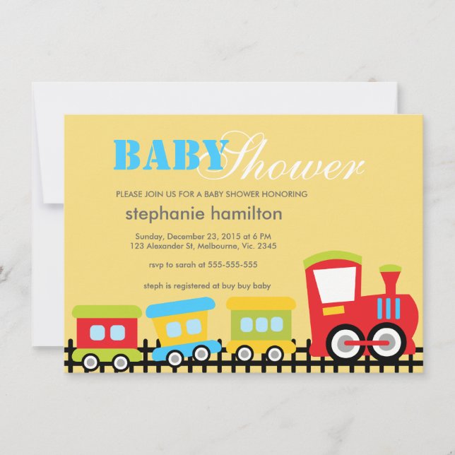 Custom transportation train baby boy shower invitation (Front)