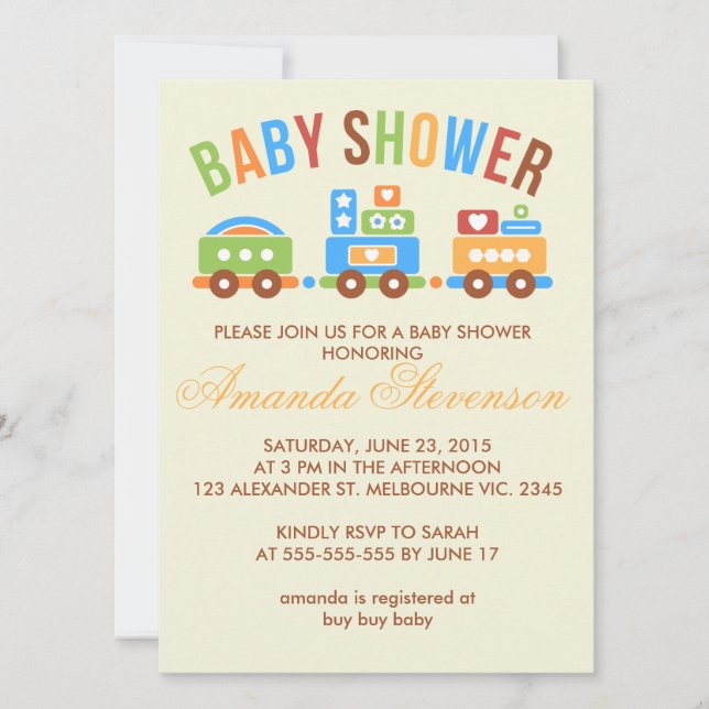 Custom transportation train baby shower invitation (Front)