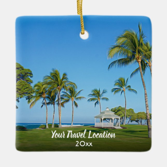 Custom Travel 2 Photo Script Modern Christmas Ceramic Ornament (Front)