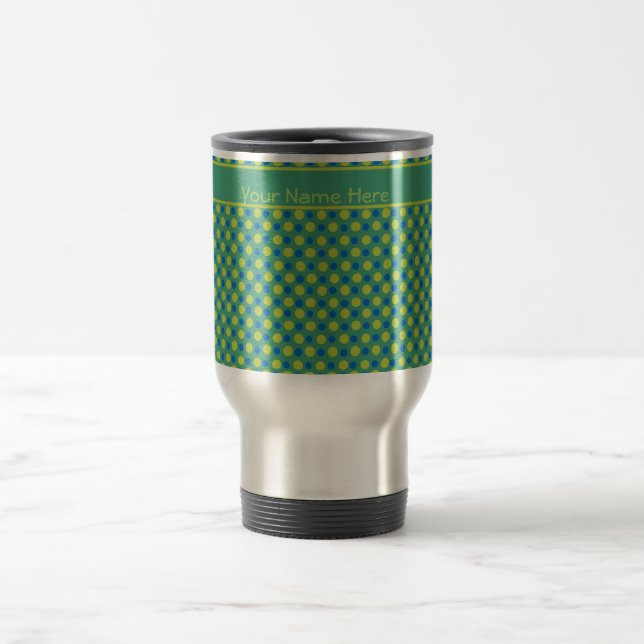 Custom Travel Mug, Blue and Green Polka Dots Travel Mug (Center)