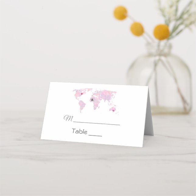 Custom Travel Watercolor World Map Wedding Place Card (Front)
