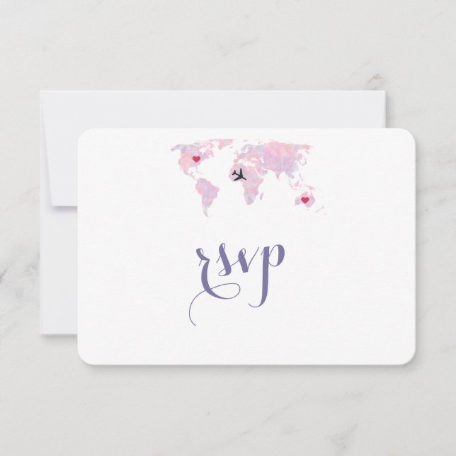 Custom Travel Wedding Watercolor World Map RSVP (Front)