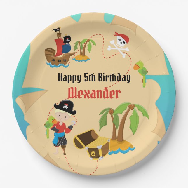 Custom Treasure Map Boy Pirate Birthday Party Paper Plate (Front)